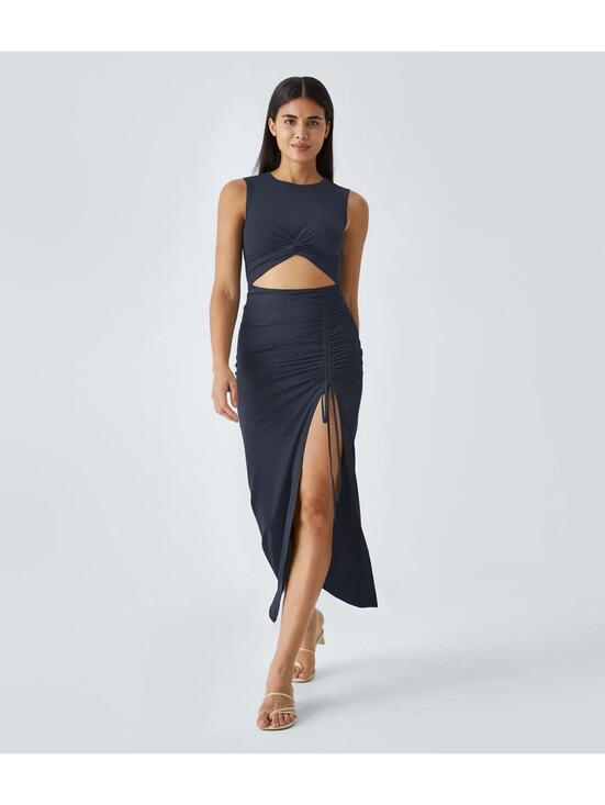 Halara Dresses & Skirts - NWT Halara Round Neck Cut Out Ruched Drawstring Hem Bodycon Maxi Dress Size M